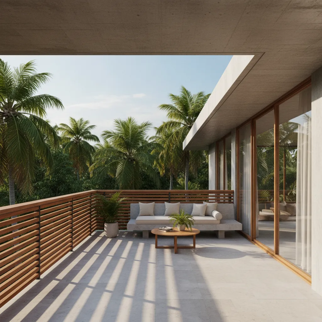 modern terrace parapet wall with wooden horizontal slats
