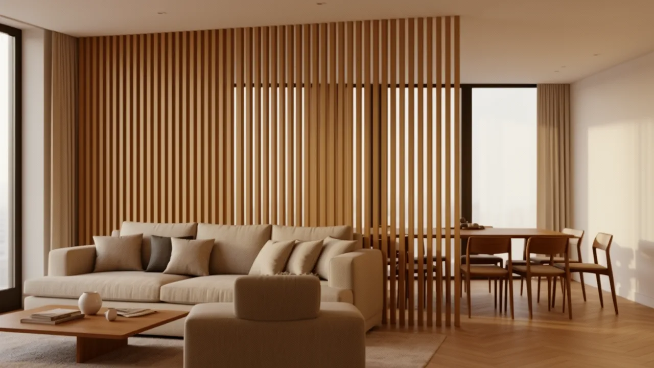 vertical wood slat partition dividing modern living and dining room