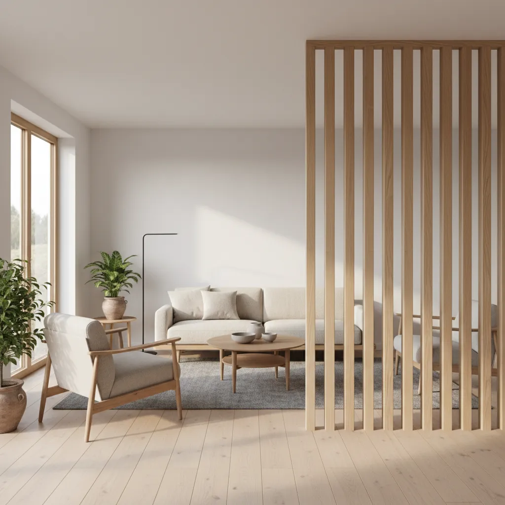 vertical wooden slat partition between lobby and drawing room