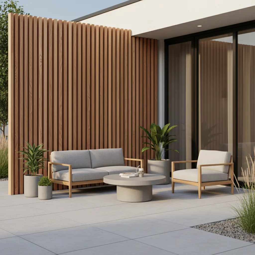 Cedar wood slat patio divider providing privacy in small outdoor space