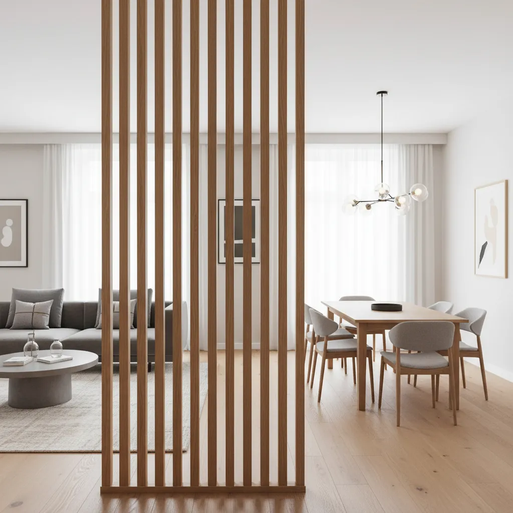 wood vertical slat divider between living room and dining area