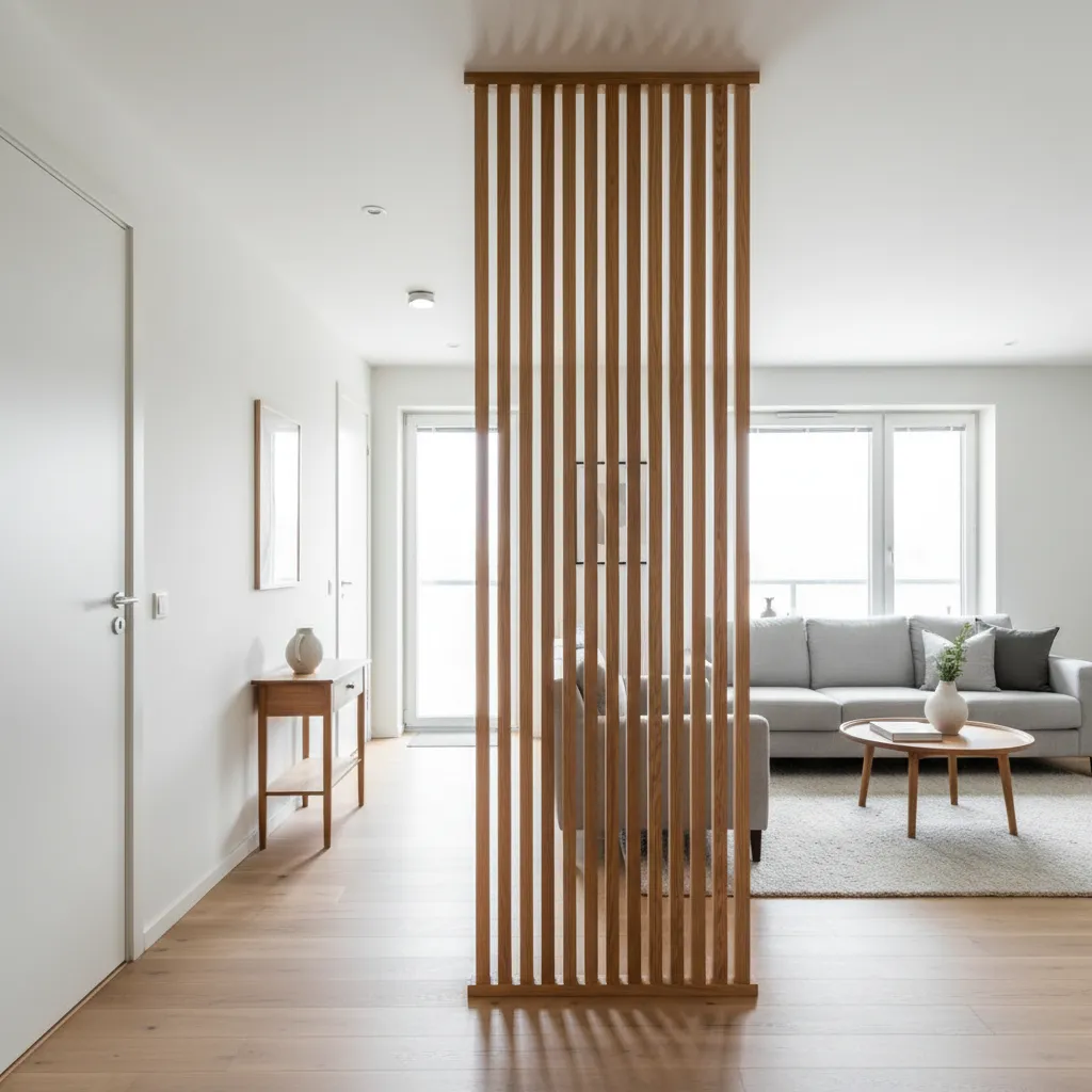 Separador interior con listones de madera entre salón y pasillo