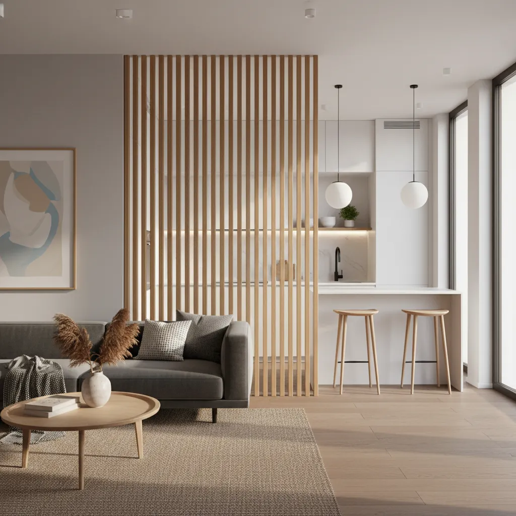 Vertical wood slat divider between kitchen and living room