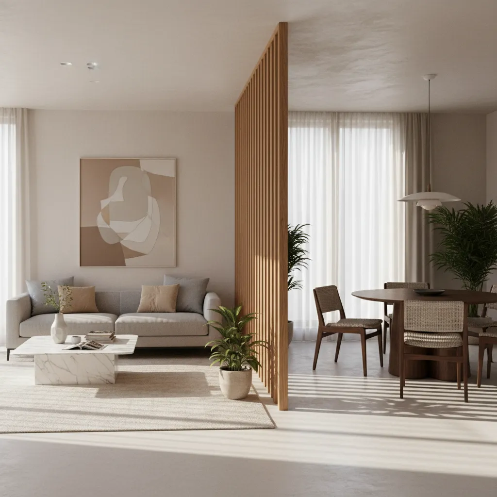 wood slat room divider allowing light to pass between two areas