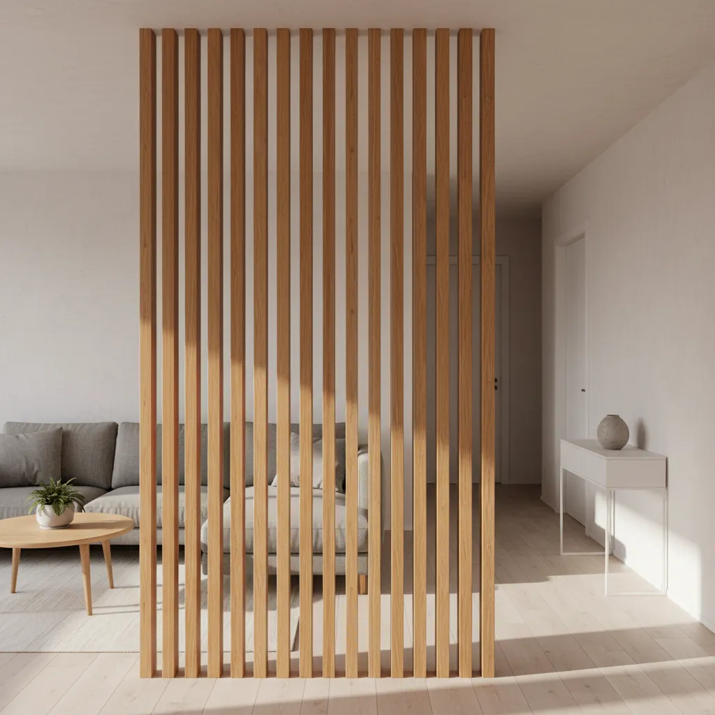 vertical wood slat divider allowing light between two interior zones