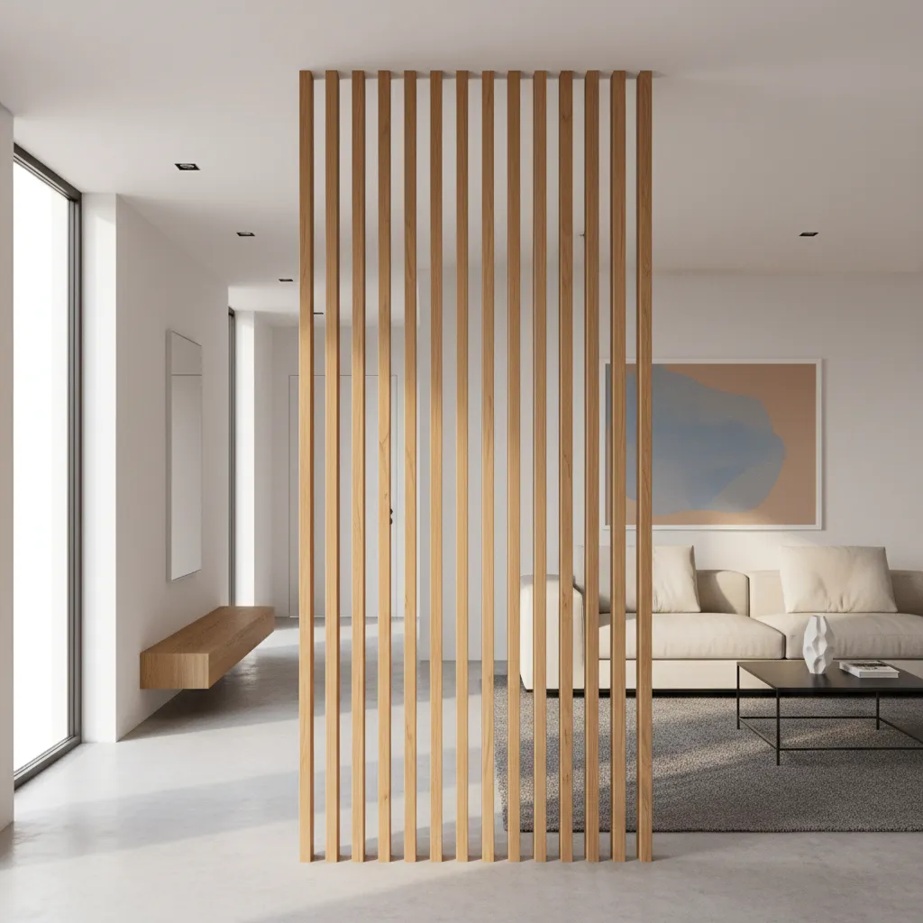 Vertical wood slat partition dividing entryway and living room