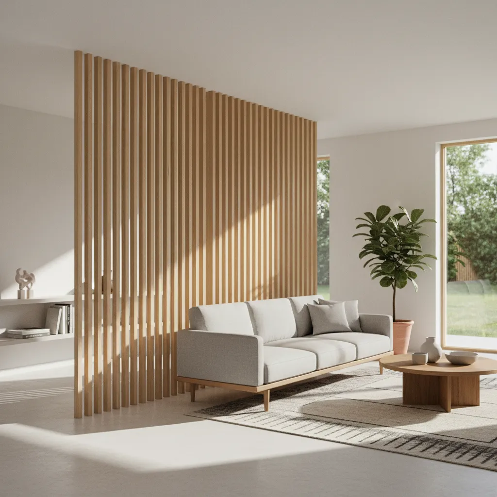 vertical wooden slat divider allowing light through in small living space