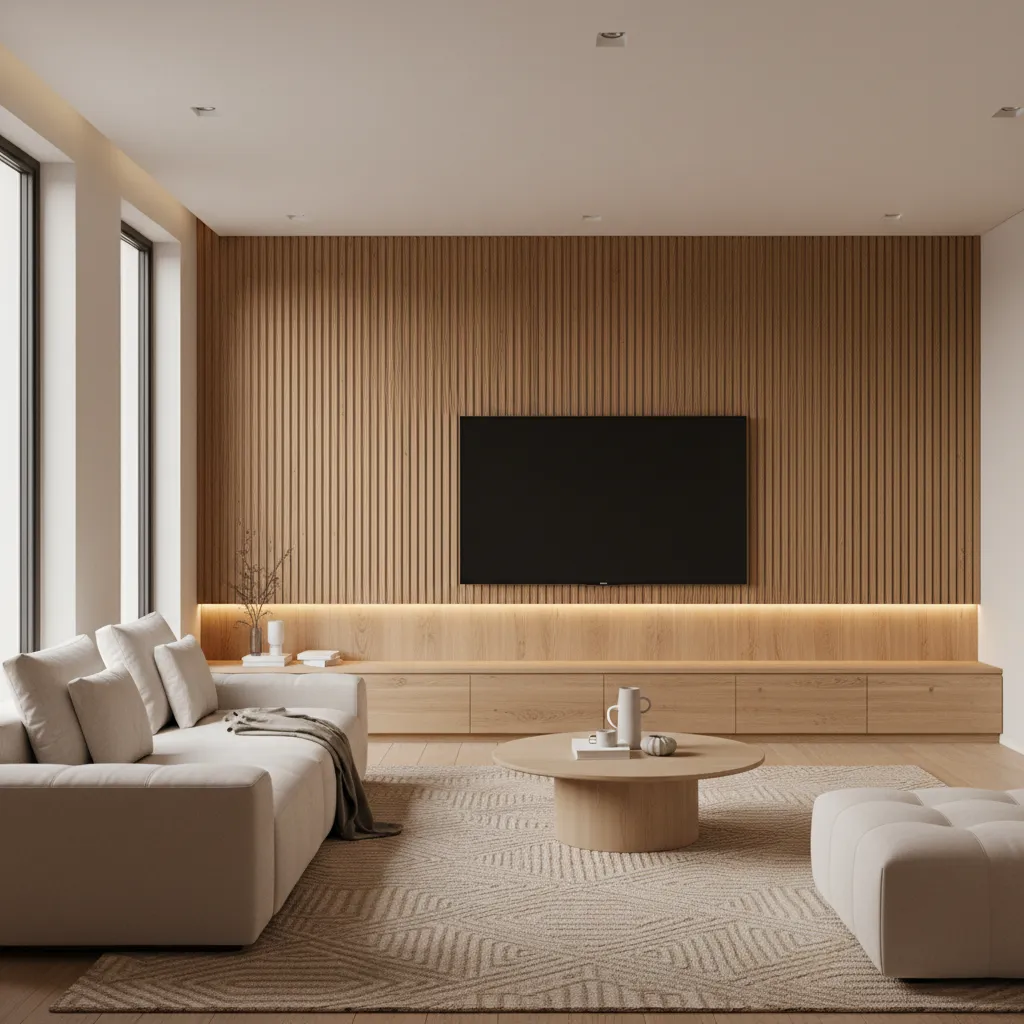 Vertical wood slat textured wall behind television in living room
