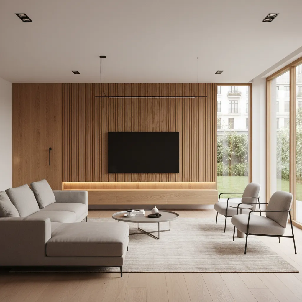 Modern living room featuring wood slat wall TV floating cabinet grey sofa and large window
