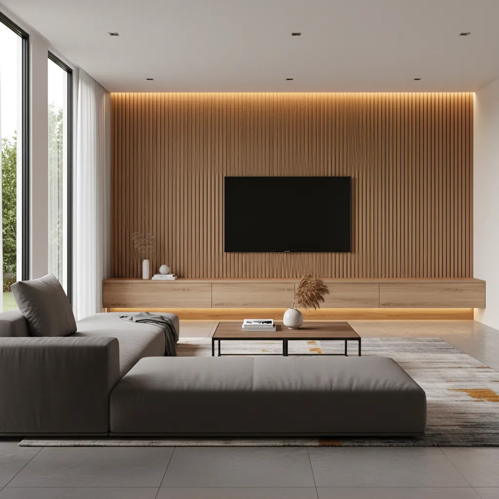 modern wood slat tv feature wall in contemporary living room
