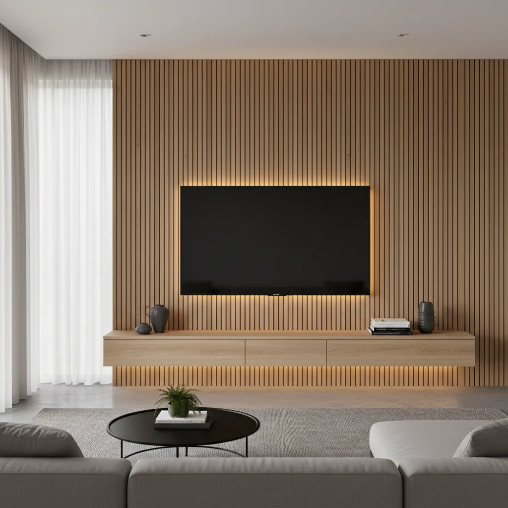 modern TV wall with vertical wood slat panels and floating console