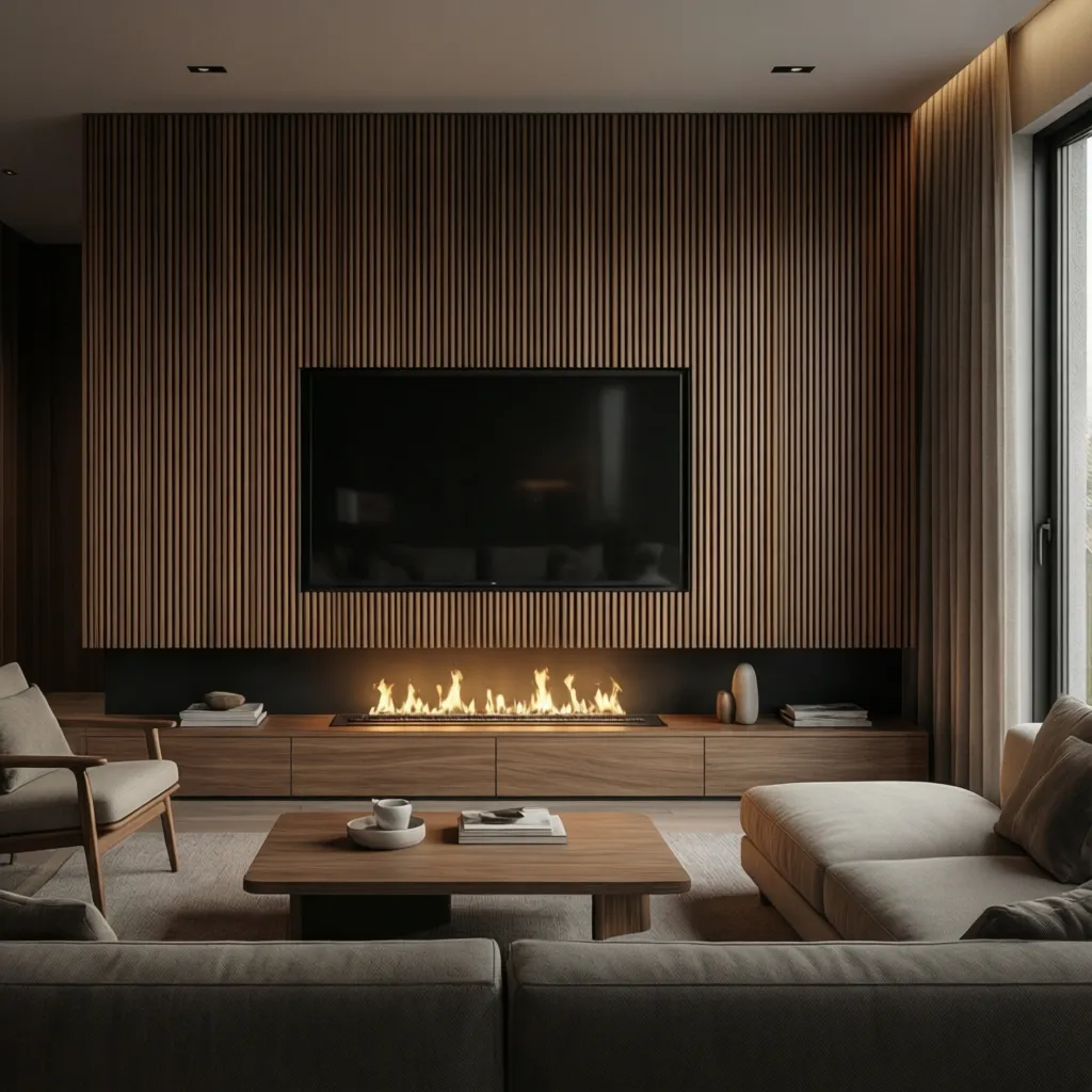 modern living room with vertical wood slat panel TV wall and fireplace