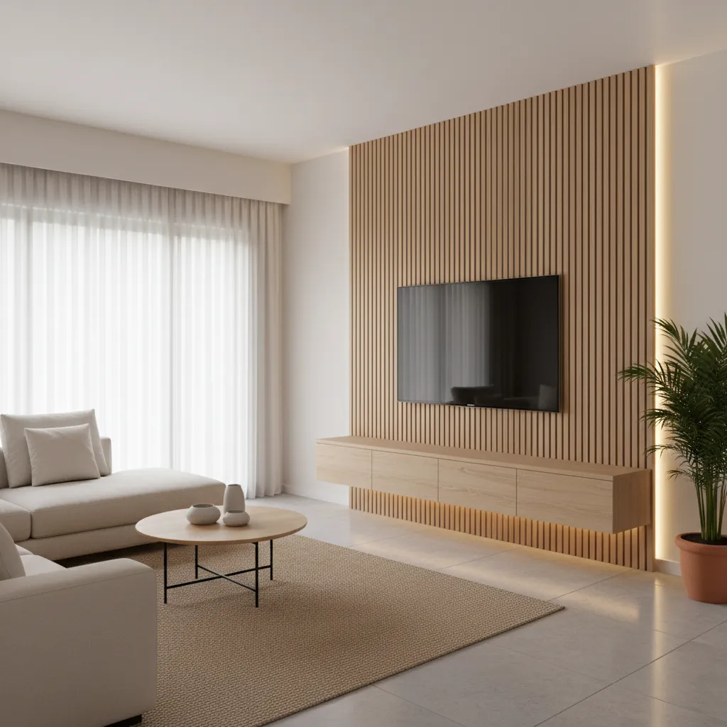 Vertical wooden slat TV panel wall with mounted television and soft lighting