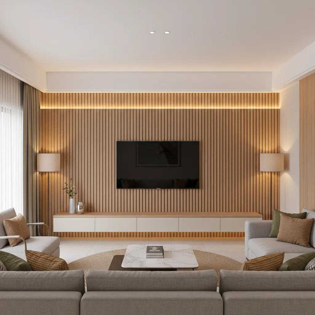 wood slat TV wall panel design for modern Indian living room