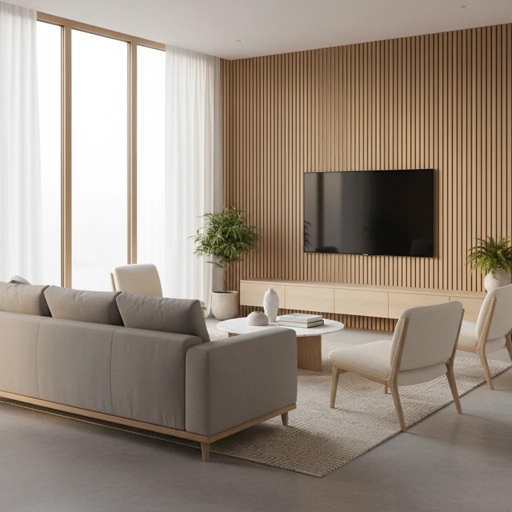 Modern living room TV mounted on vertical wood slat accent wall