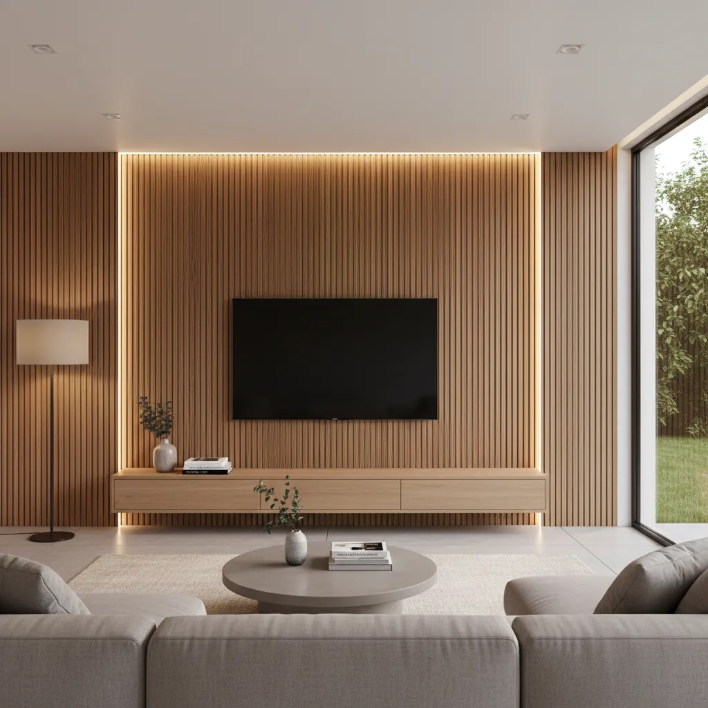 Wood slat textured TV wall in contemporary living room