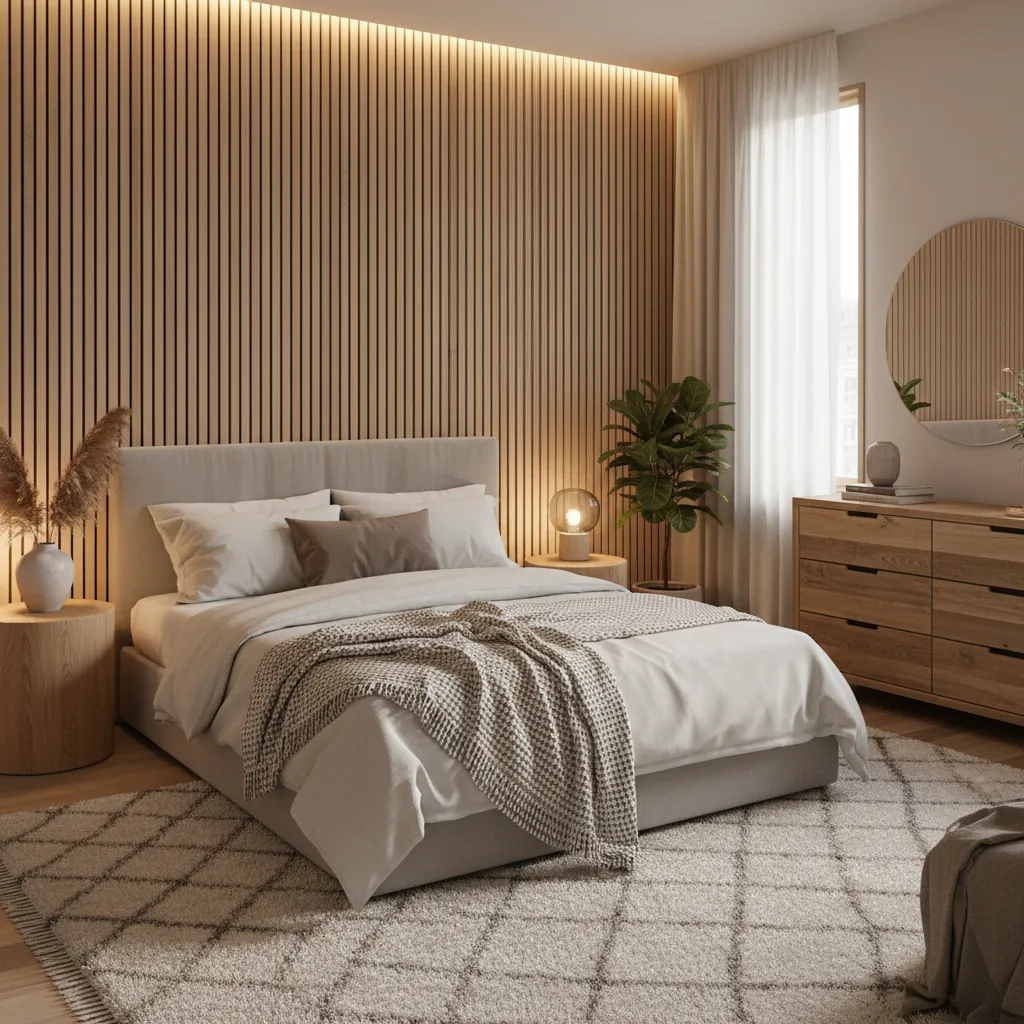 Dormitorio moderno con paneles de listones de madera en la pared