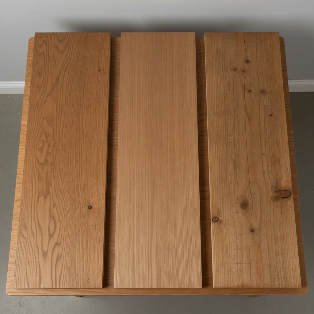 Side by side comparison of oak maple and pine wood stained with the same color