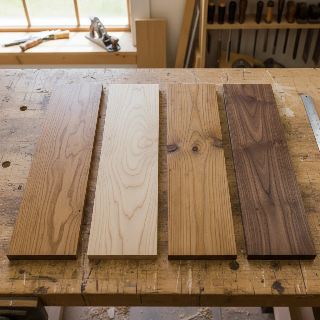 Comparison of stain color on oak maple pine and walnut boards