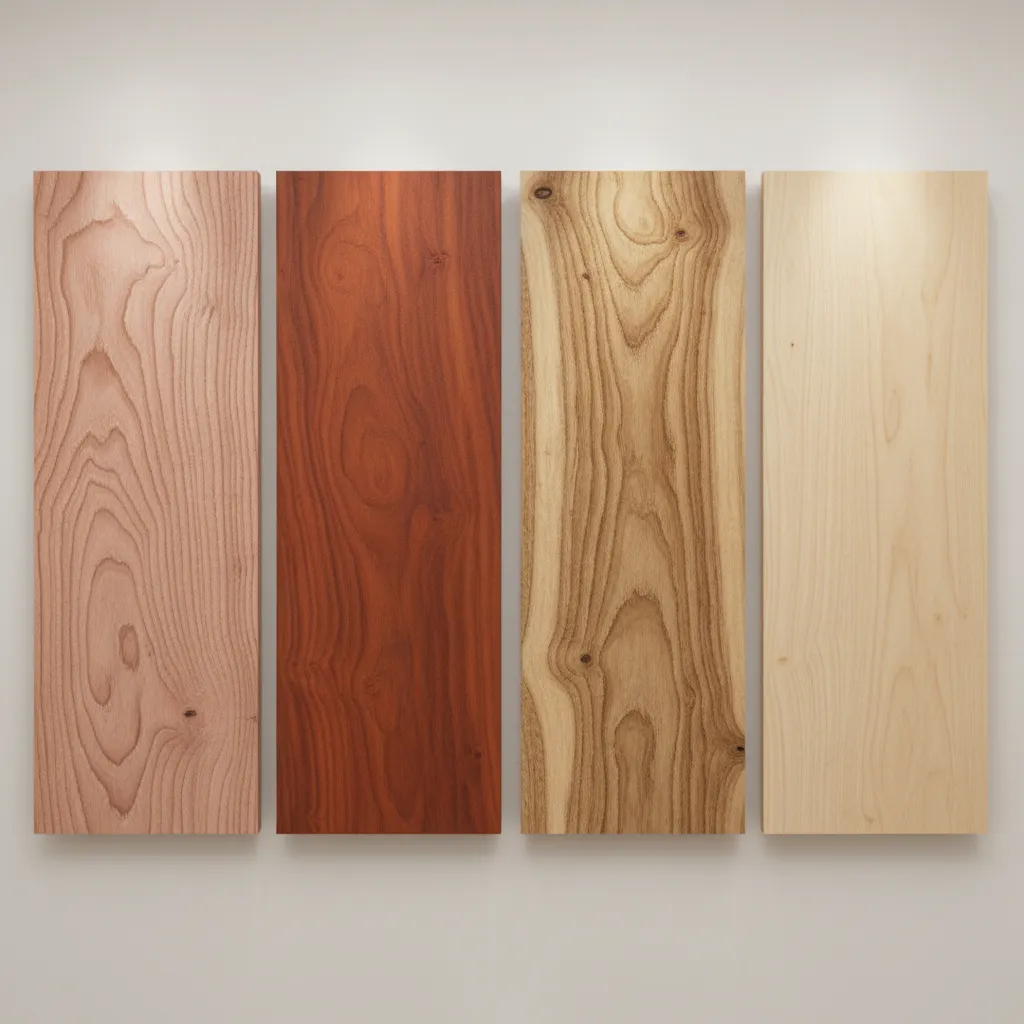 different hardwood species with warm undertones including red oak and cherry