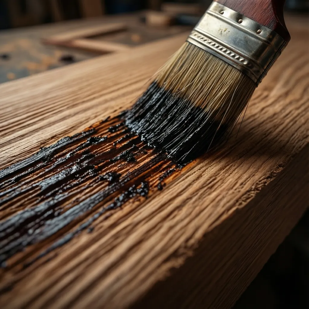 Close-up of wood grain absorbing stain pigment during application