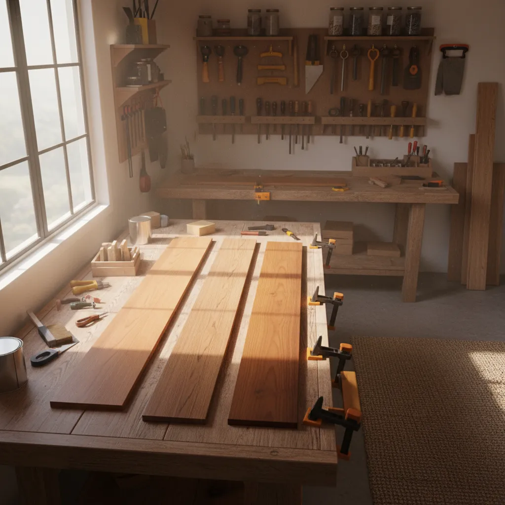 Wood boards drying after stain application in controlled workshop environment