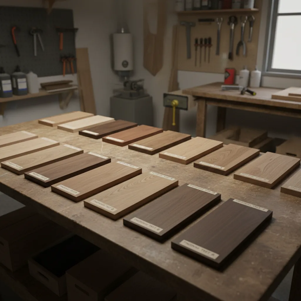 wood stain sample boards showing multiple color tests