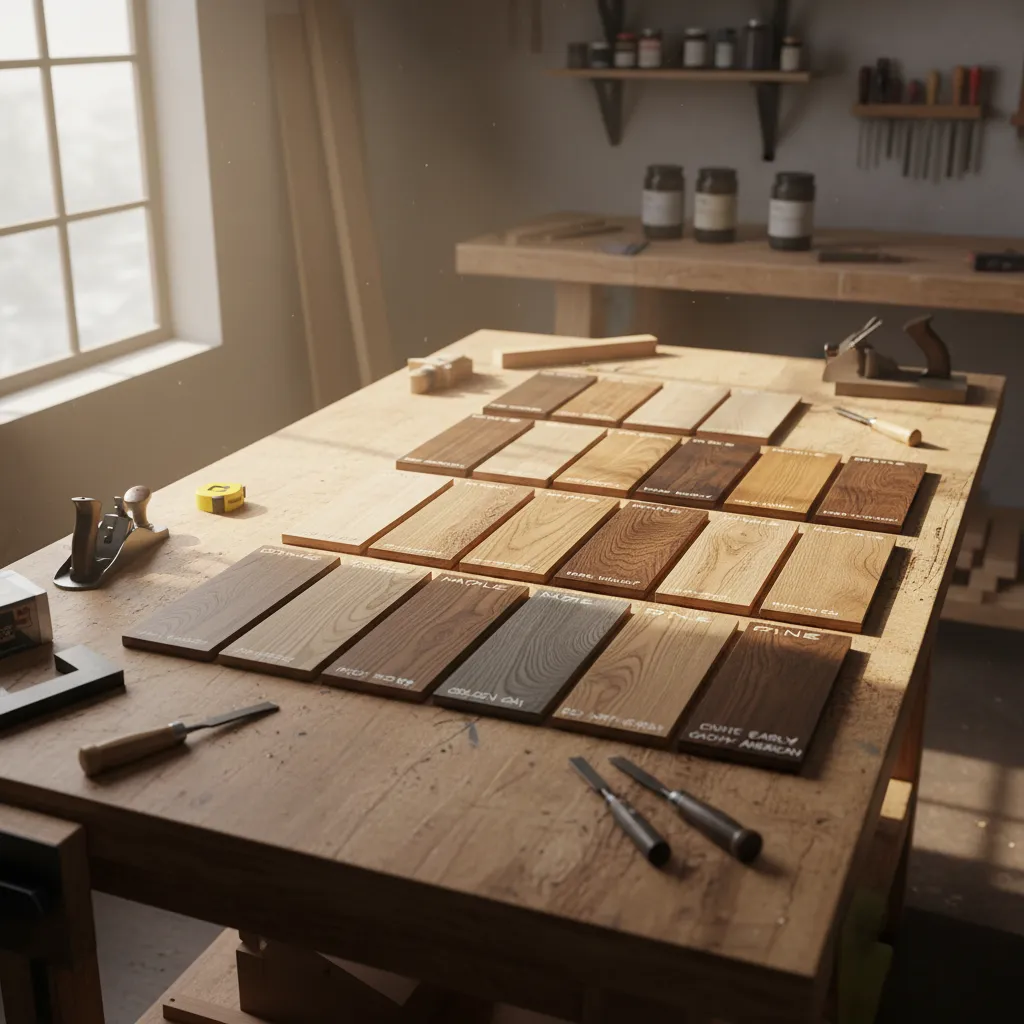 Wood stain sample boards showing multiple stain colors on different wood species
