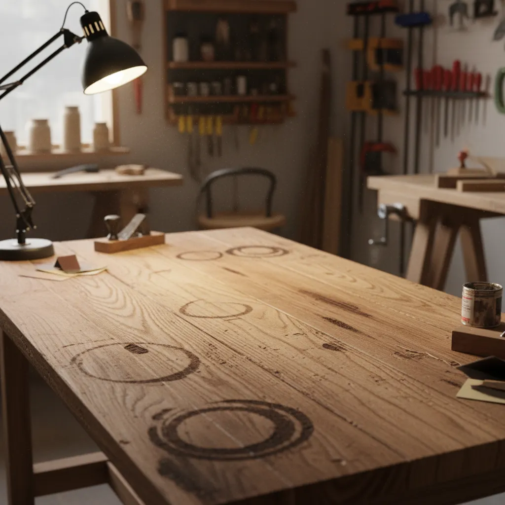 Wood furniture surface showing water stains and discoloration before bleaching