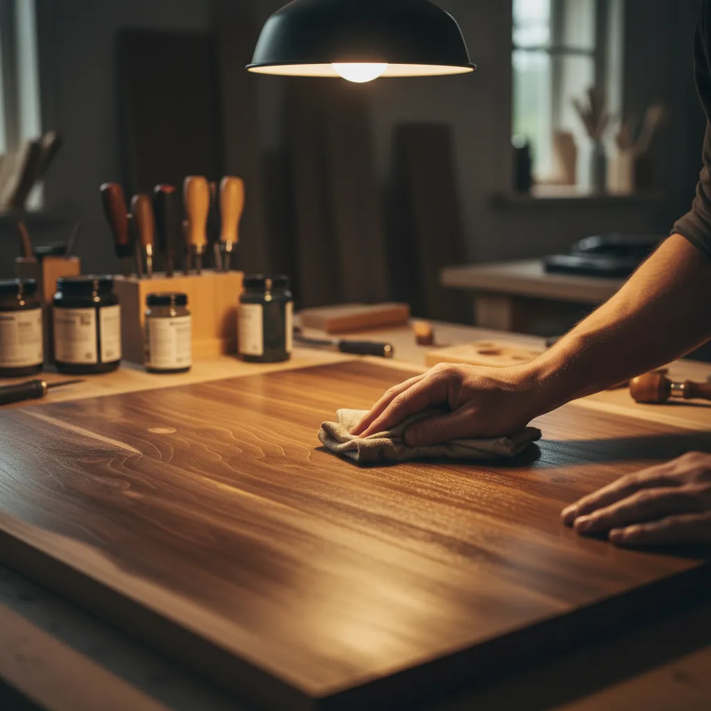 Cloth wiping excess wood stain from wooden surface during finishing