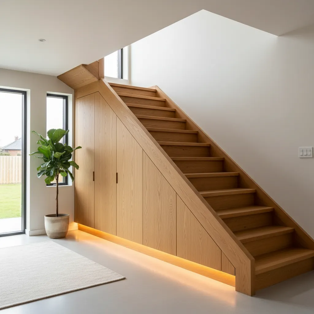 Escalera de madera con espacio de almacenamiento integrado debajo