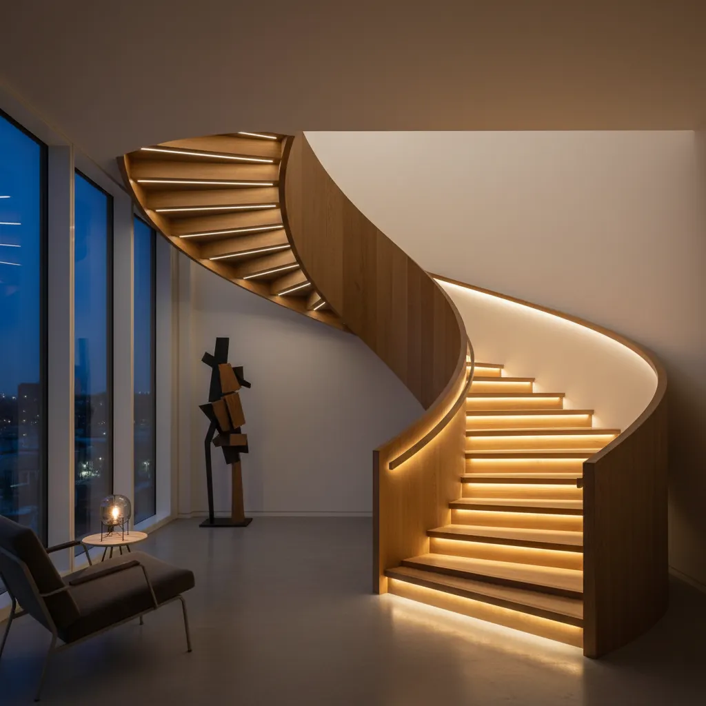 Escalera interior de madera con iluminación LED integrada