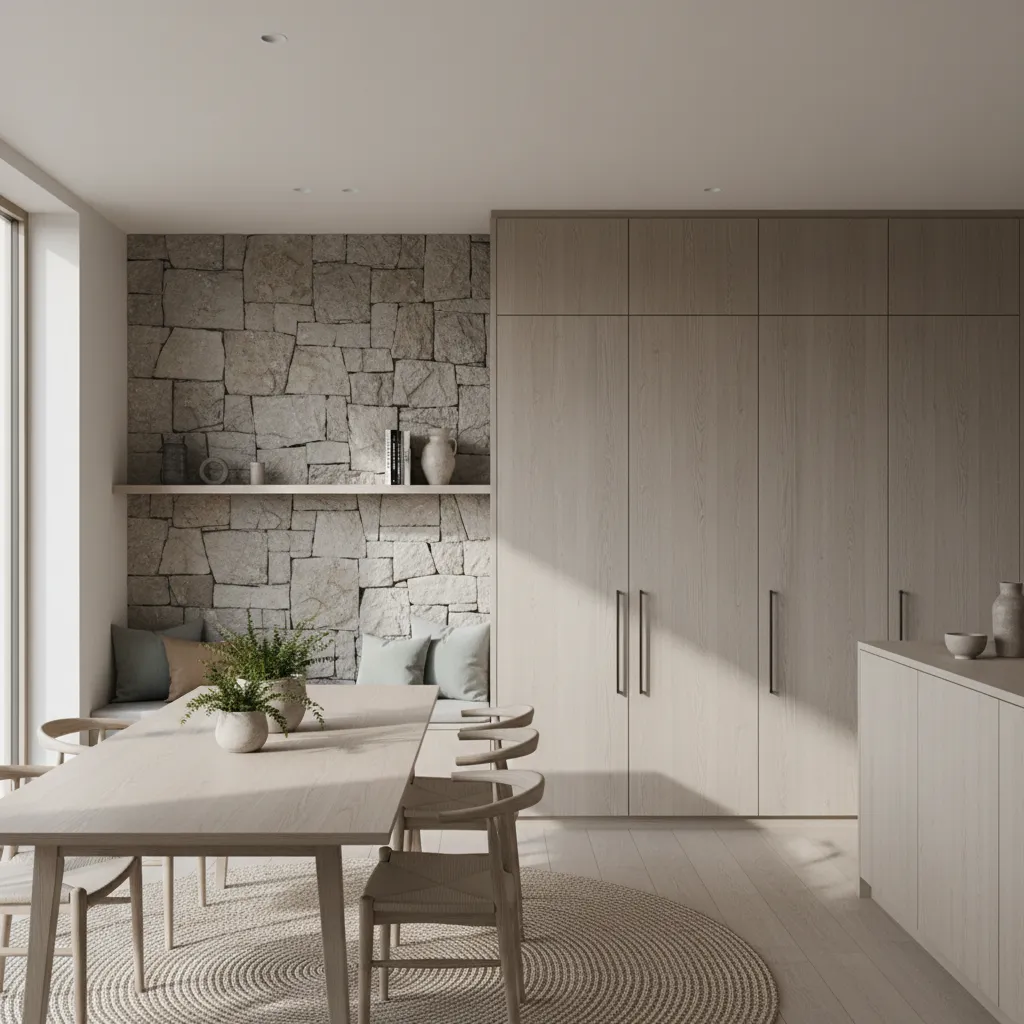 Interior equilibrado con madera clara y piedra