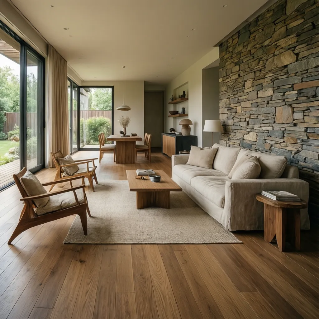 Salón con suelo de madera y pared de piedra natural