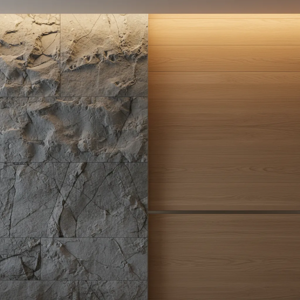 Detalle de combinación entre piedra gris y madera clara