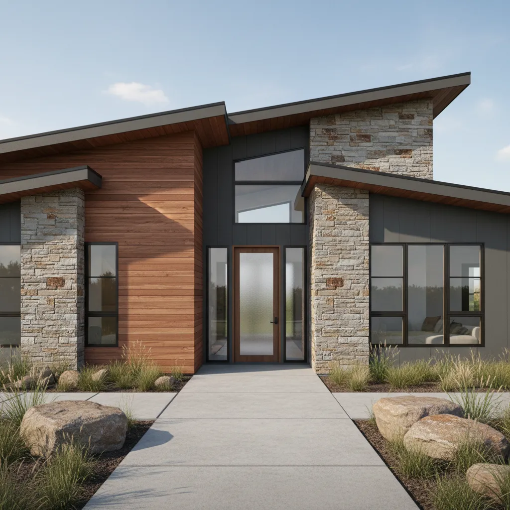 Exterior showing mismatch between red cedar siding gray paint and stone facade