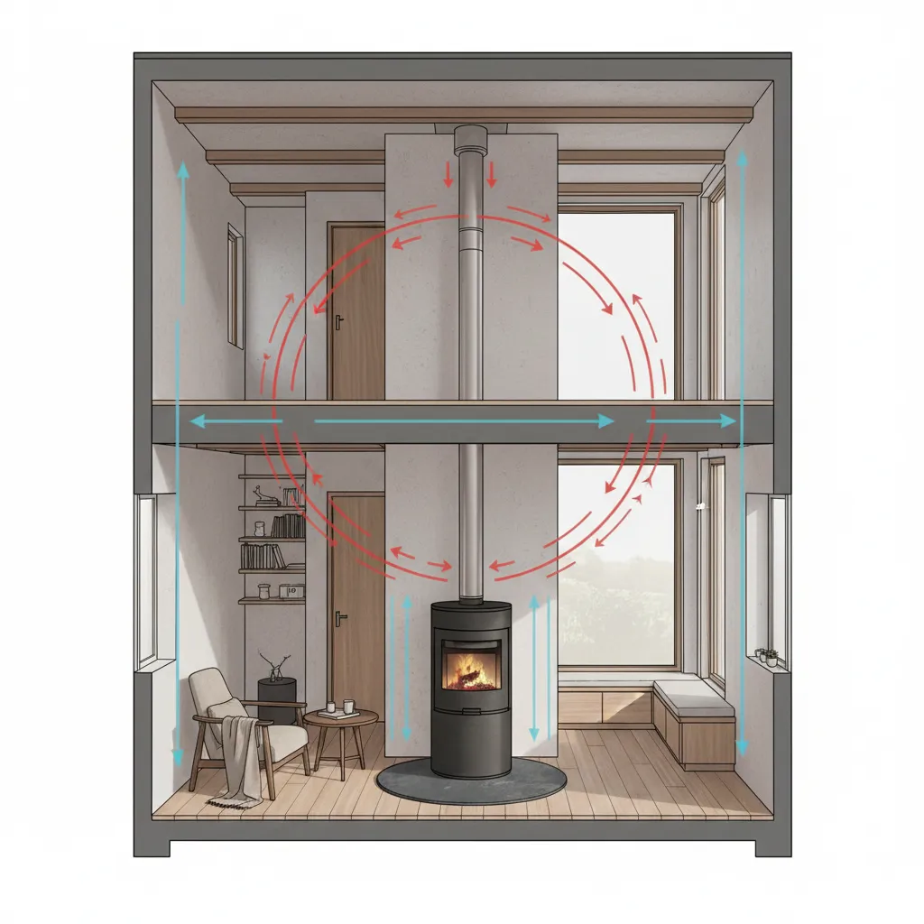 Airflow circulation around a wood stove in a small home