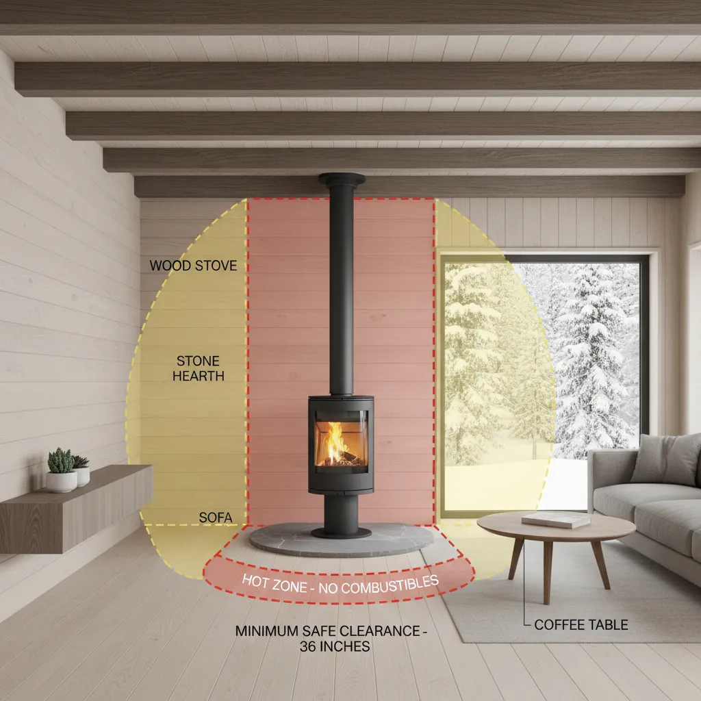 Diagram style interior showing safe clearance distances around a wood stove