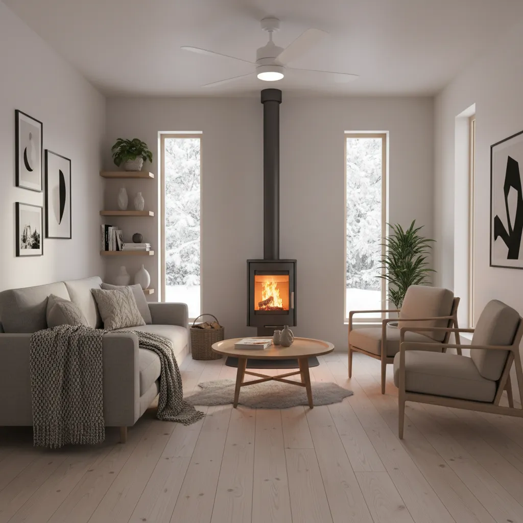 small living room with ceiling fan helping distribute wood stove heat