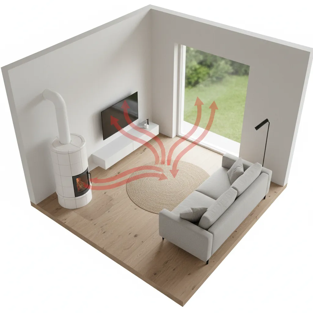 diagram style interior showing heat flow from a small wood stove in a living room