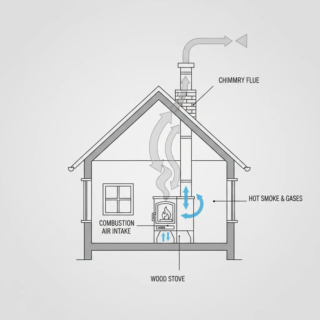 Diagram showing smoke backflow in a wood stove chimney
