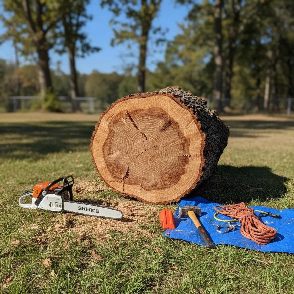 large tree stump section cut by arborist ready for furniture use