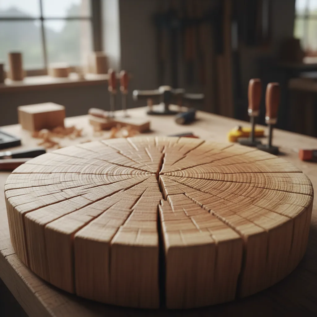 close view of wood stump tabletop showing natural drying cracks