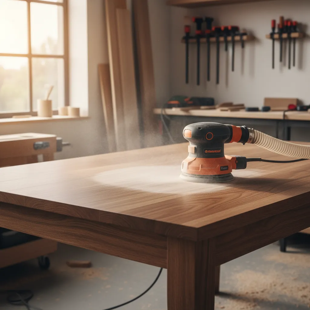 Sanding a wooden kitchen table during the refinishing process