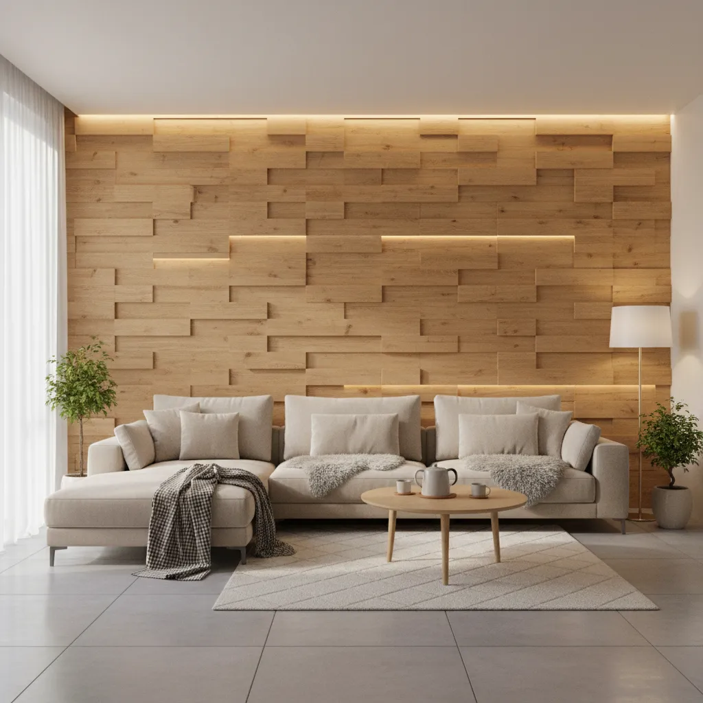 Living room with natural wood tile accent wall behind sofa