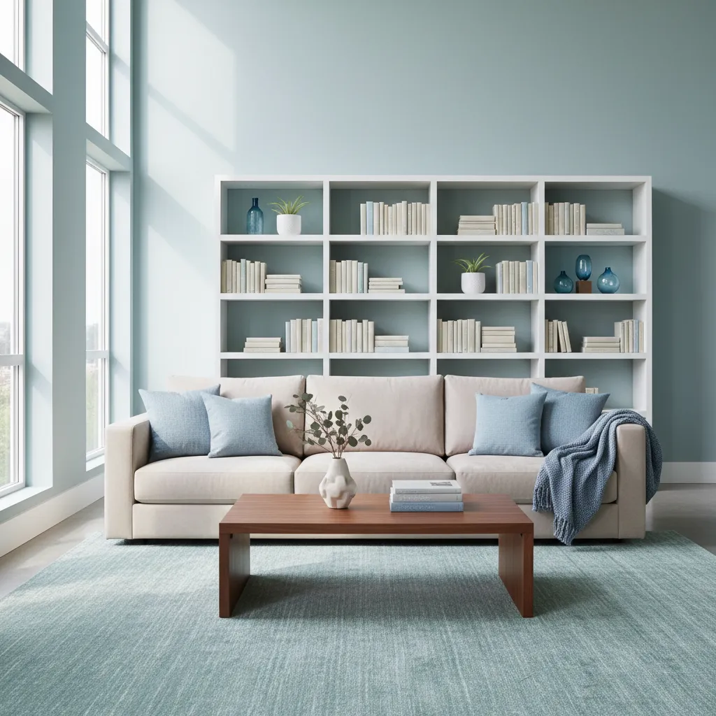 walnut coffee table and oak furniture in aqua gray living room