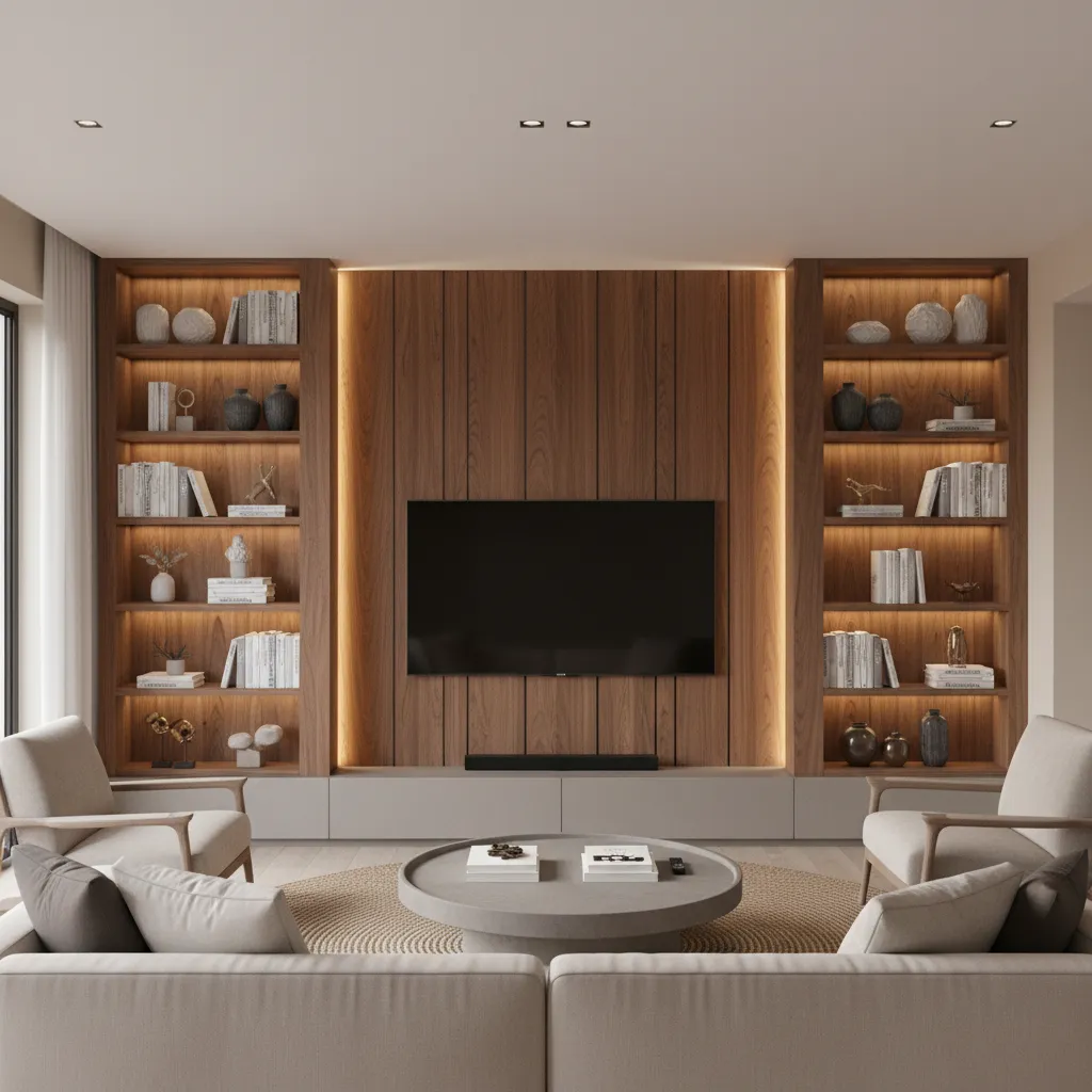 wood panel tv wall with surrounding display shelves in living room