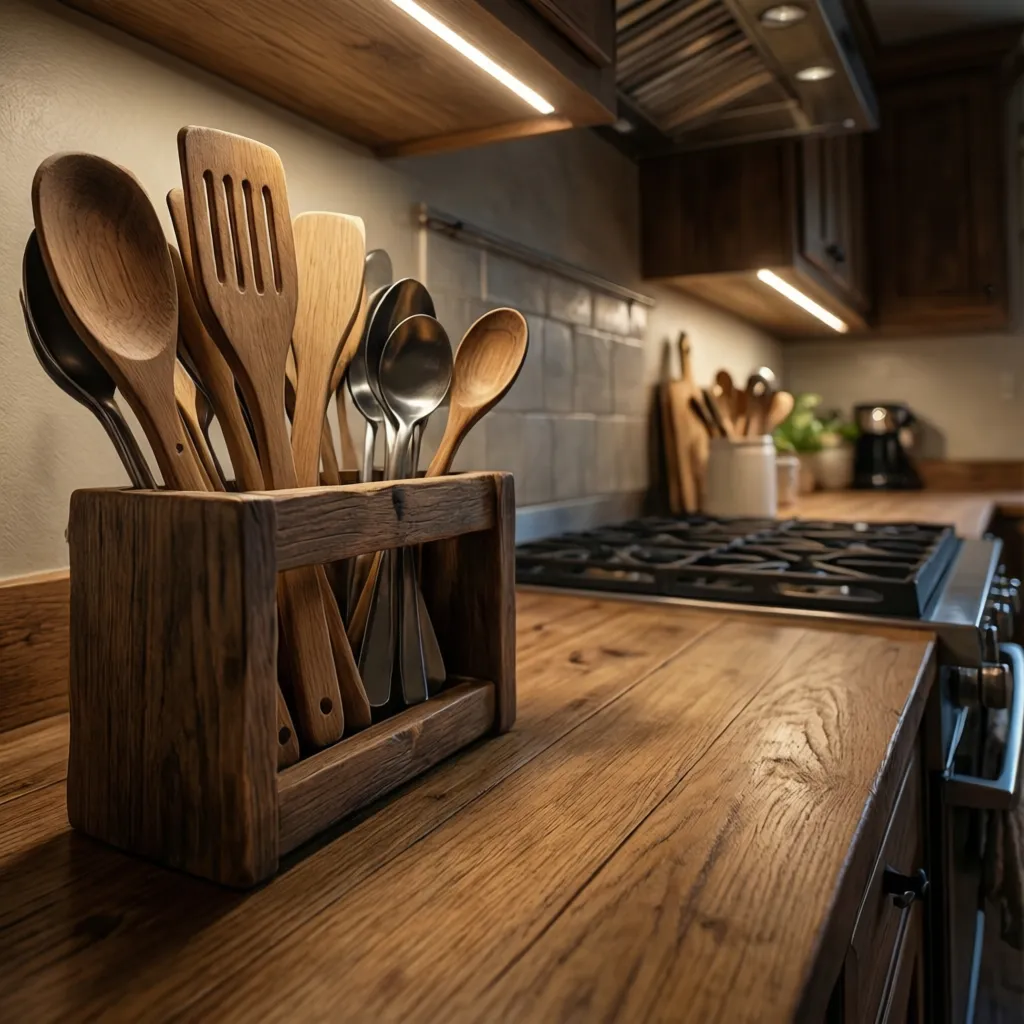 Natural wooden utensil holder with cooking tools on a warm farmhouse style kitchen counter