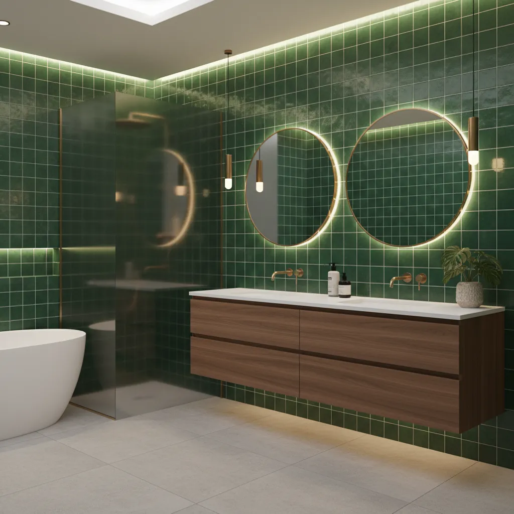 Walnut vanity paired with blue and green bathroom tiles