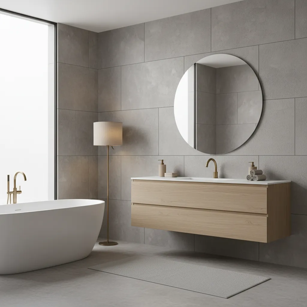 Light wood vanity paired with grey tile walls in neutral bathroom